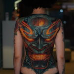 A full back color Hannya Mask tattoo made by Ata at Sabian Ink