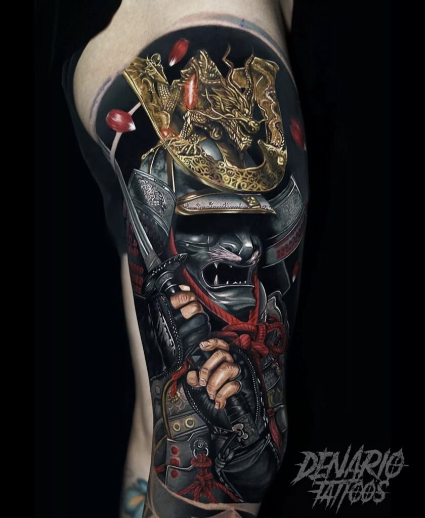 Realism Color Samurai thigh tattoo done by Denario at Sabian Ink